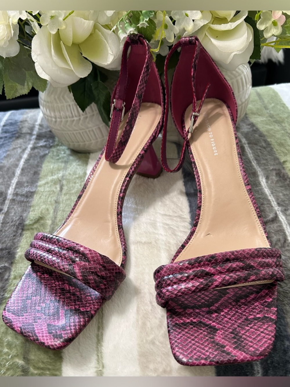Fashion to Figure Pink Snake-Print Braided Ankle-Strap Block Heels